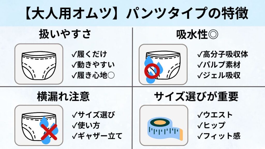 大人用パンツオムツの4つのイラスト付き解説｜扱いやすさ・吸水性・漏れ注意・サイズ選びの重要性